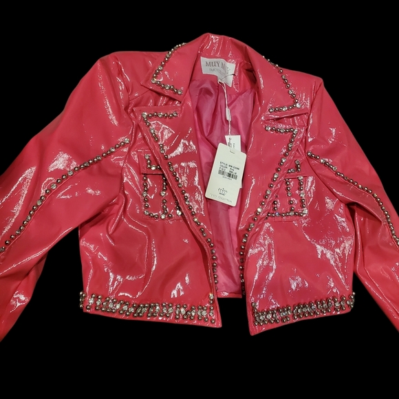 MUY MUY Hot Pink Patent Leather Embelished Rhinestone Cropped Motorcycle Jacket - Picture 2 of 7